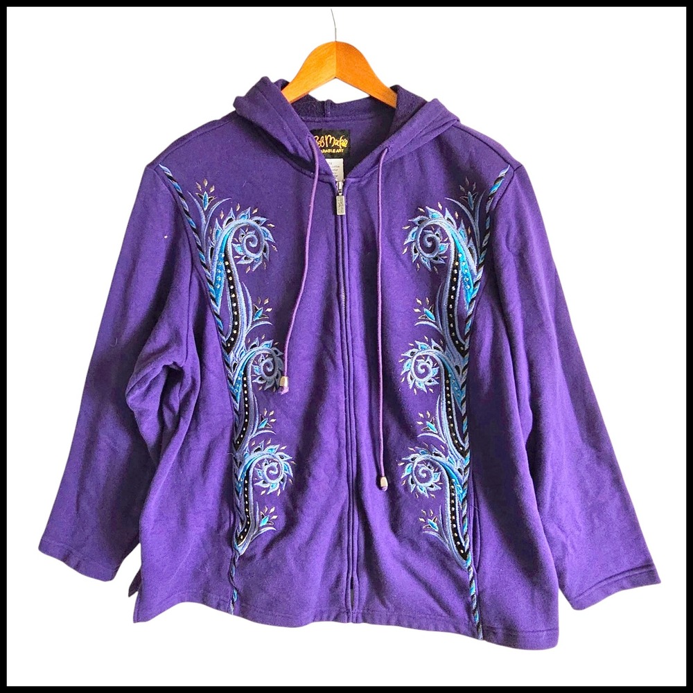 Bob Mackie Wearable Art Purple Embroidered Zip‎ Up Hoodie Jacket 2X